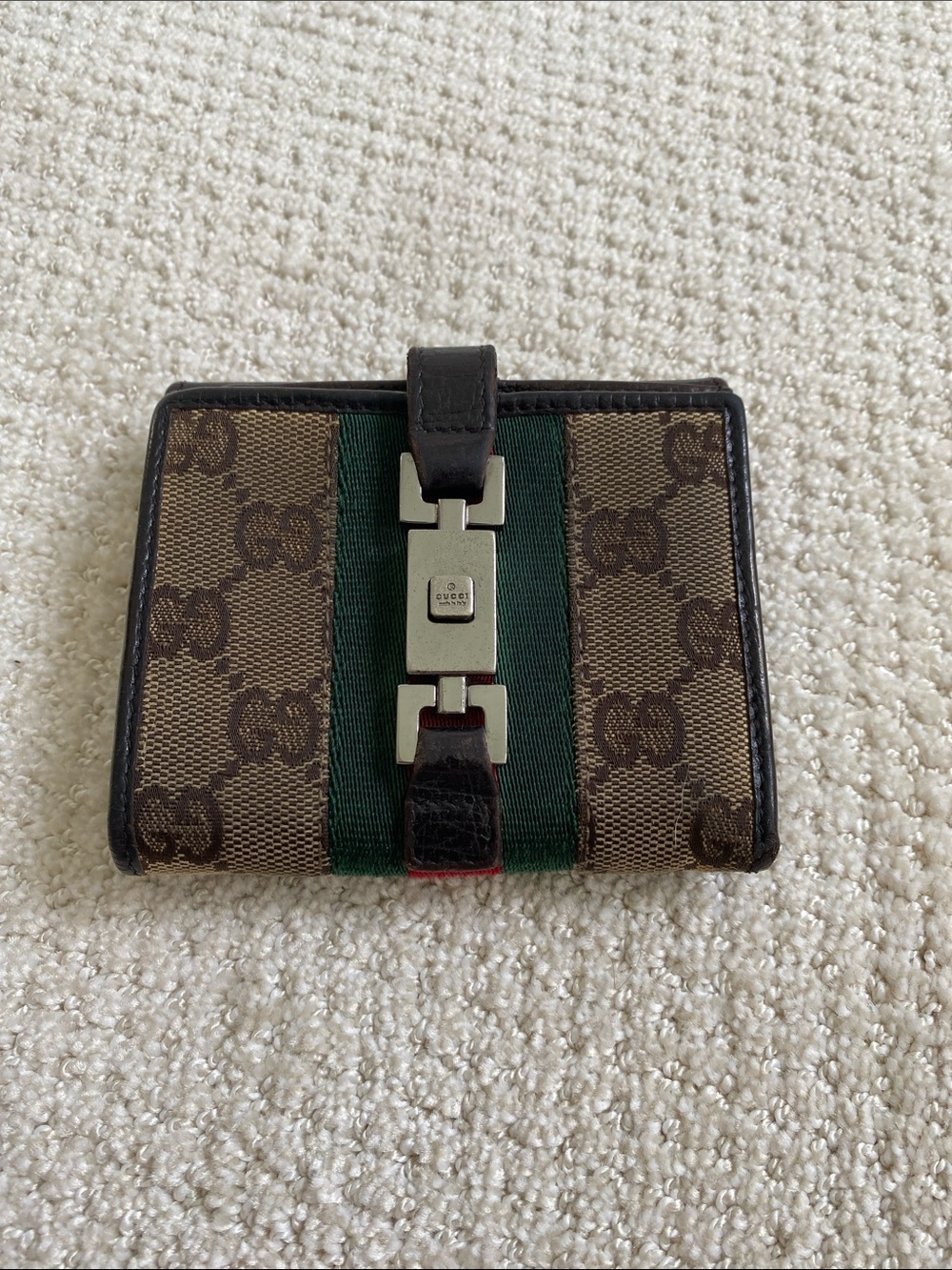 Authentic Gucci Brown GG Canvas Wallet with Green and Red Web